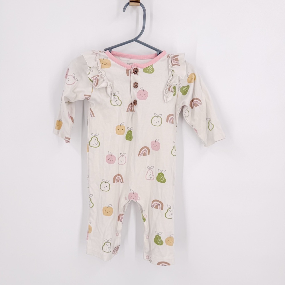 White and Pink Footies One Piece with Fruits Print
